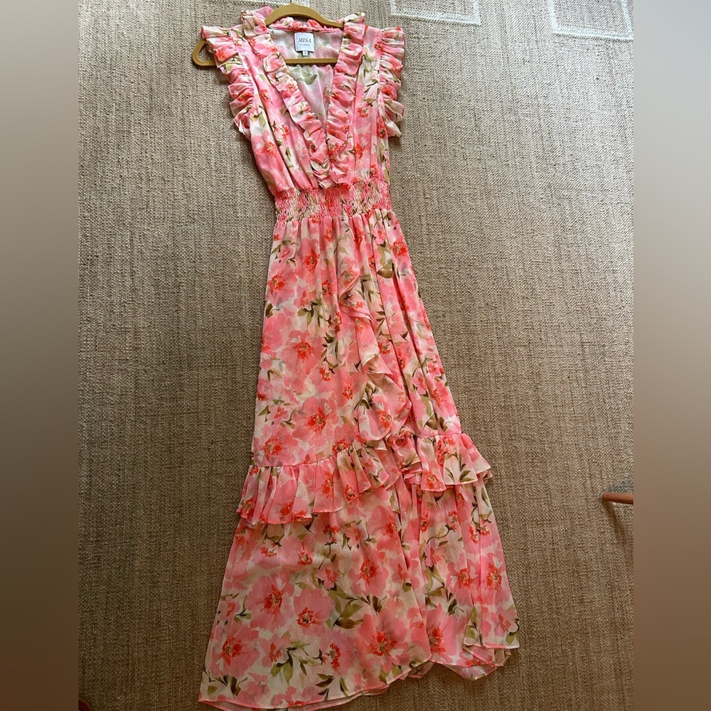 MISA Kidada Ruffle Floral Pink Green Dress Size Small